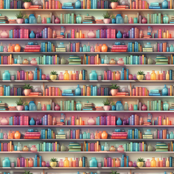 bookshelf pattern,, fabric panel, colorful books, ceramic vases, potted plants, library scene, teal blue, coral pink, purple, orange, yellow, green, repeated motif, decorative objects, cozy atmosphere, reading theme, bright colors, literary design, educational motif