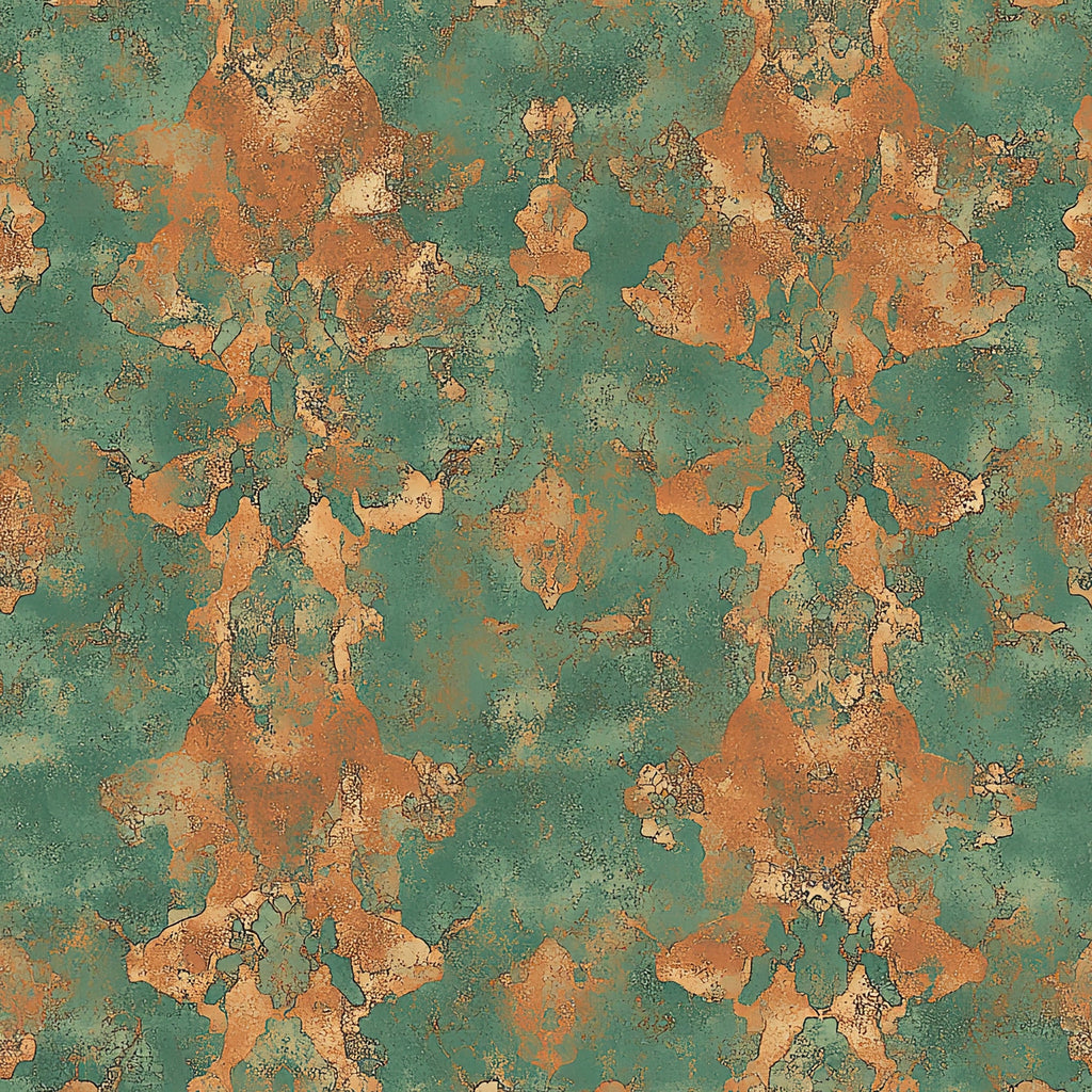 turquoise, rust orange, copper, weathered patina, ornate damask, vintage pattern, distressed texture, oxidized metal, baroque motifs, southwestern colors,, fabric panel, aged finish, decorative flourishes, symmetrical design, ornamental elements, western themed, patina effect, cotton fabric