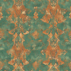 turquoise, rust orange, copper, weathered patina, ornate damask, vintage pattern, distressed texture, oxidized metal, baroque motifs, southwestern colors,, fabric panel, aged finish, decorative flourishes, symmetrical design, ornamental elements, western themed, patina effect, cotton fabric