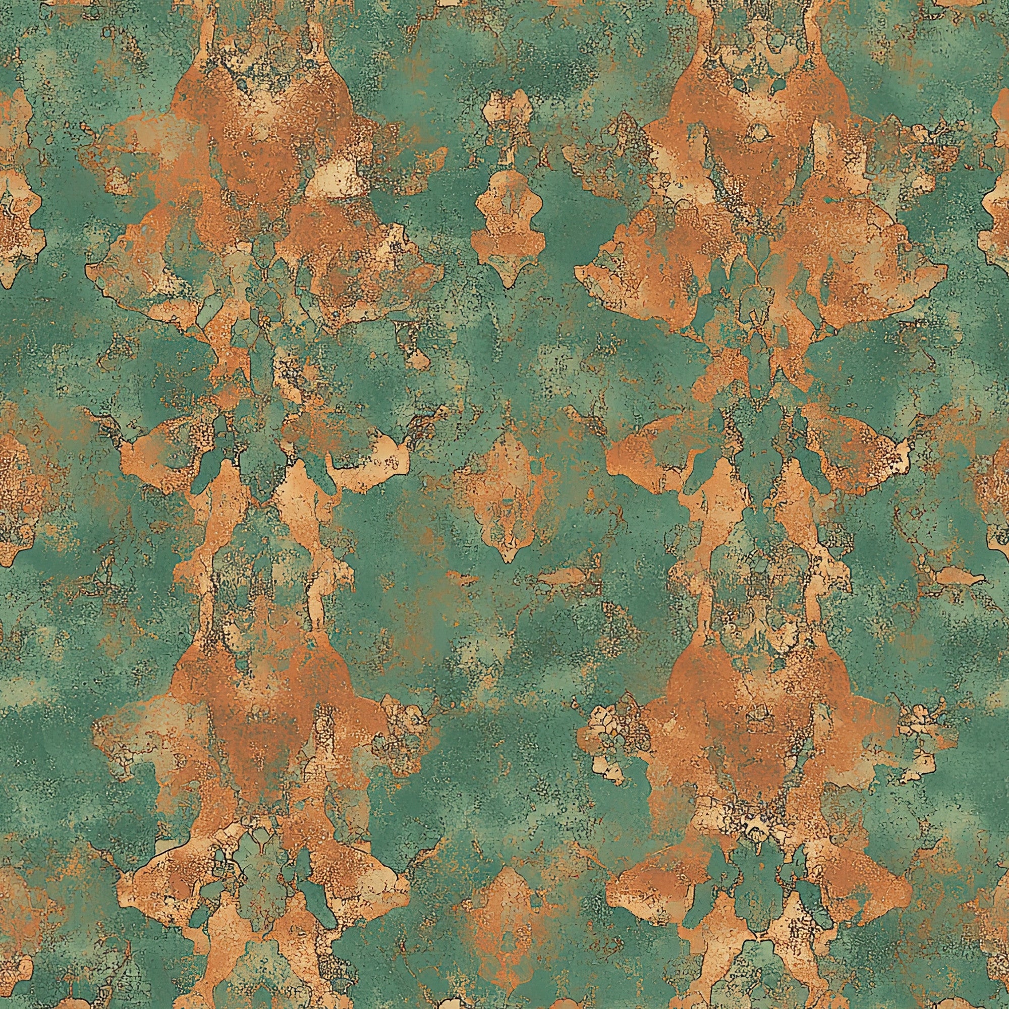 turquoise, rust orange, copper, weathered patina, ornate damask, vintage pattern, distressed texture, oxidized metal, baroque motifs, southwestern colors,, fabric panel, aged finish, decorative flourishes, symmetrical design, ornamental elements, western themed, patina effect, cotton fabric
