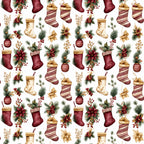 burgundy, cream, gold, red berries, evergreen, christmas, holiday, stockings, ornaments, poinsettia, festive, traditional, elegant, rustic, vintage, winter, seasonal, decorative bows, pine branches, berry clusters, floral, botanical, dimensional, classic, timeless, cozy, celebratory, home decor, cottage core, nostalgic
