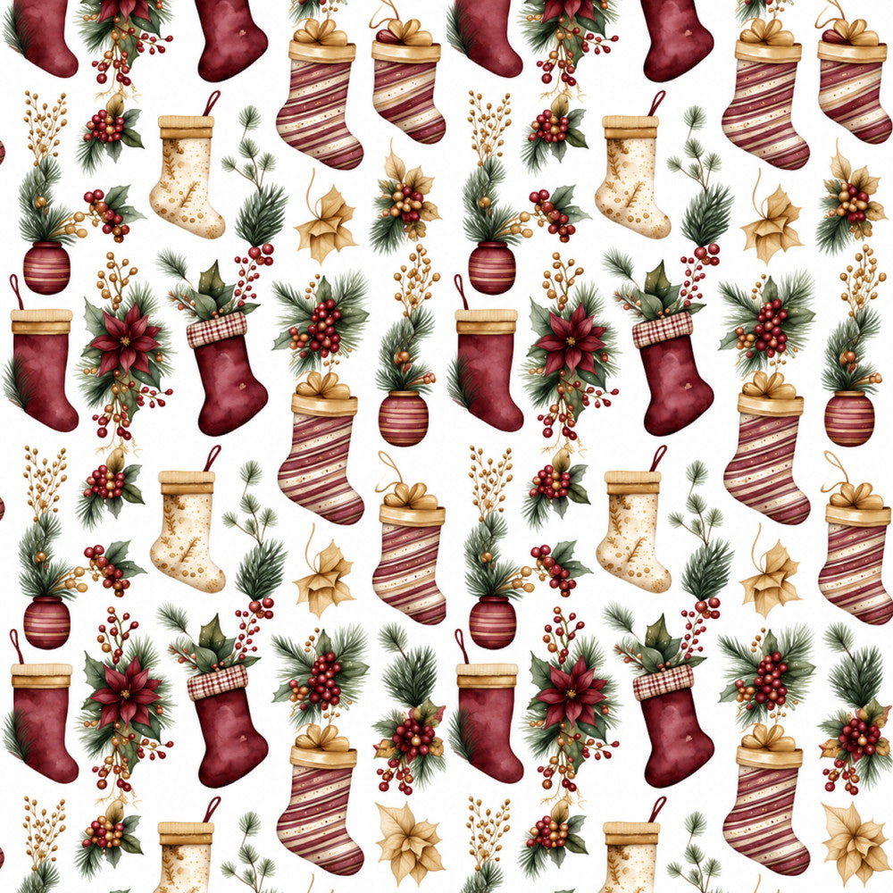 burgundy, cream, gold, red berries, evergreen, christmas, holiday, stockings, ornaments, poinsettia, festive, traditional, elegant, rustic, vintage, winter, seasonal, decorative bows, pine branches, berry clusters, floral, botanical, dimensional, classic, timeless, cozy, celebratory, home decor, cottage core, nostalgic