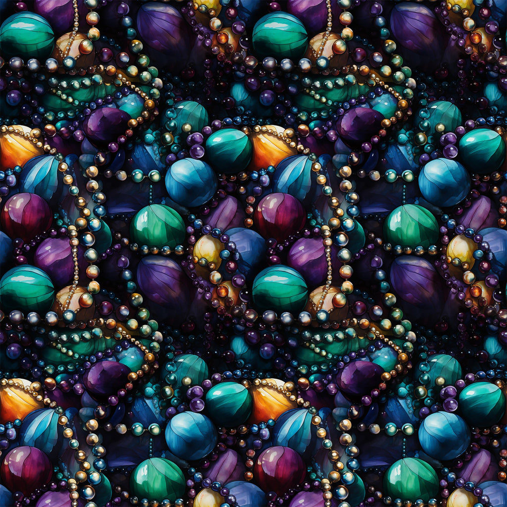 mardi gras beads, jewel tones, purple gemstones, green malachite, blue sapphires, gold pearls, orange amber, seamless pattern, lustrous finish, carnival theme, new orleans style, festive beadwork,, fabric panel, rich colors, ornate jewelry, party beads, celebration motif, luxurious texture, repeating design