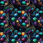 mardi gras beads, jewel tones, purple gemstones, green malachite, blue sapphires, gold pearls, orange amber, seamless pattern, lustrous finish, carnival theme, new orleans style, festive beadwork,, fabric panel, rich colors, ornate jewelry, party beads, celebration motif, luxurious texture, repeating design