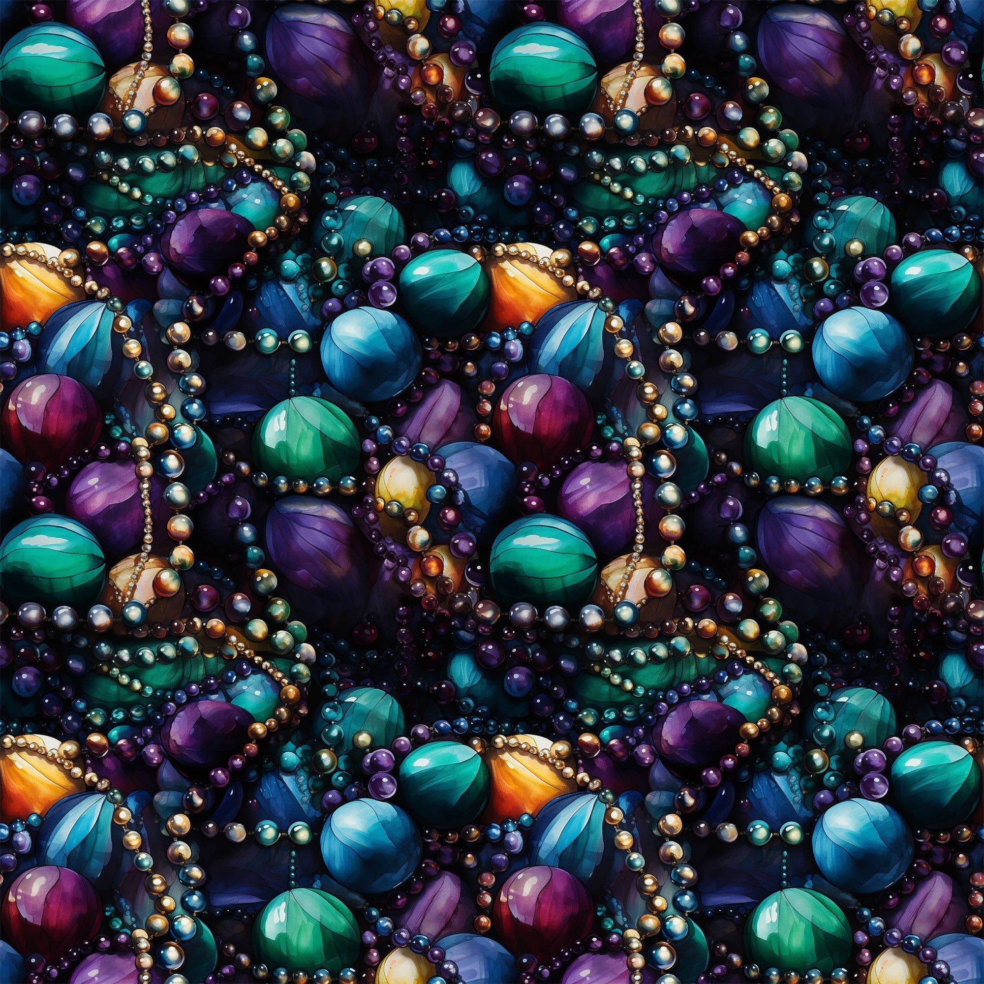 mardi gras beads, jewel tones, purple gemstones, green malachite, blue sapphires, gold pearls, orange amber, seamless pattern, lustrous finish, carnival theme, new orleans style, festive beadwork,, fabric panel, rich colors, ornate jewelry, party beads, celebration motif, luxurious texture, repeating design