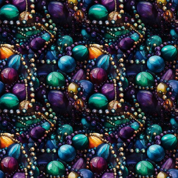 mardi gras beads, jewel tones, purple gemstones, green malachite, blue sapphires, gold pearls, orange amber, seamless pattern, lustrous finish, carnival theme, new orleans style, festive beadwork,, fabric panel, rich colors, ornate jewelry, party beads, celebration motif, luxurious texture, repeating design