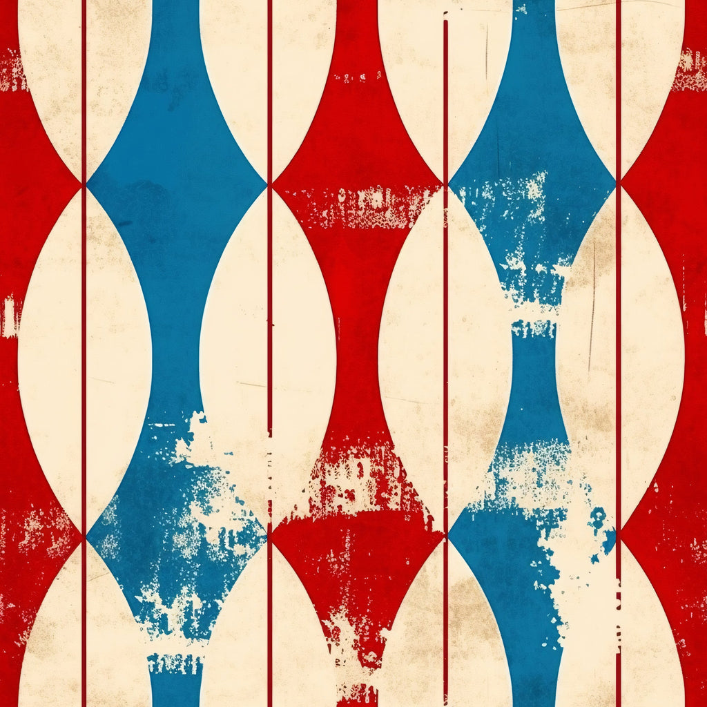 red, white, blue, distressed texture, patriotic, diamond pattern, geometric shapes, vintage weathered, worn appearance,, fabric panel, americana, faded colors, repeating motif, rustic finish, stars and stripes colors, textured surface, aged look, cotton fabric, craft material