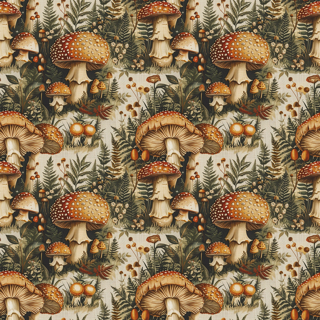mushroom pattern, botanical design, forest fungi, red spotted mushrooms, cream background, brown stems, green foliage, ferns, berries, autumn colors, woodland scene, nature motif,, fabric panel, earthy tones, vintage style, repeating pattern, natural elements, forest floor, organic shapes