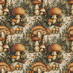 mushroom pattern, botanical design, forest fungi, red spotted mushrooms, cream background, brown stems, green foliage, ferns, berries, autumn colors, woodland scene, nature motif,, fabric panel, earthy tones, vintage style, repeating pattern, natural elements, forest floor, organic shapes