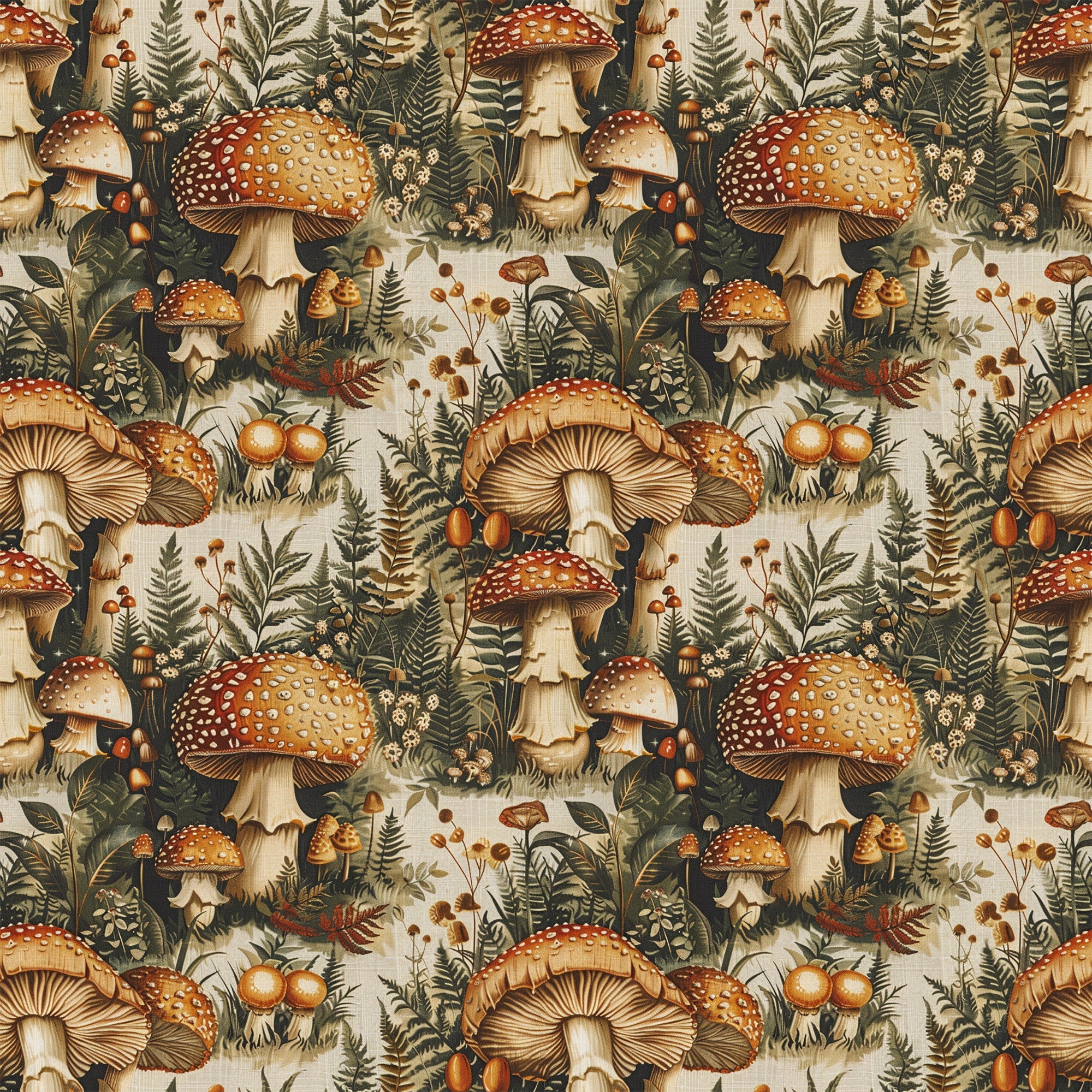 mushroom pattern, botanical design, forest fungi, red spotted mushrooms, cream background, brown stems, green foliage, ferns, berries, autumn colors, woodland scene, nature motif,, fabric panel, earthy tones, vintage style, repeating pattern, natural elements, forest floor, organic shapes