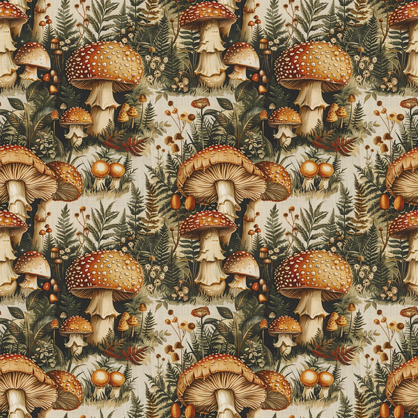 mushroom pattern, botanical design, forest fungi, red spotted mushrooms, cream background, brown stems, green foliage, ferns, berries, autumn colors, woodland scene, nature motif,, fabric panel, earthy tones, vintage style, repeating pattern, natural elements, forest floor, organic shapes