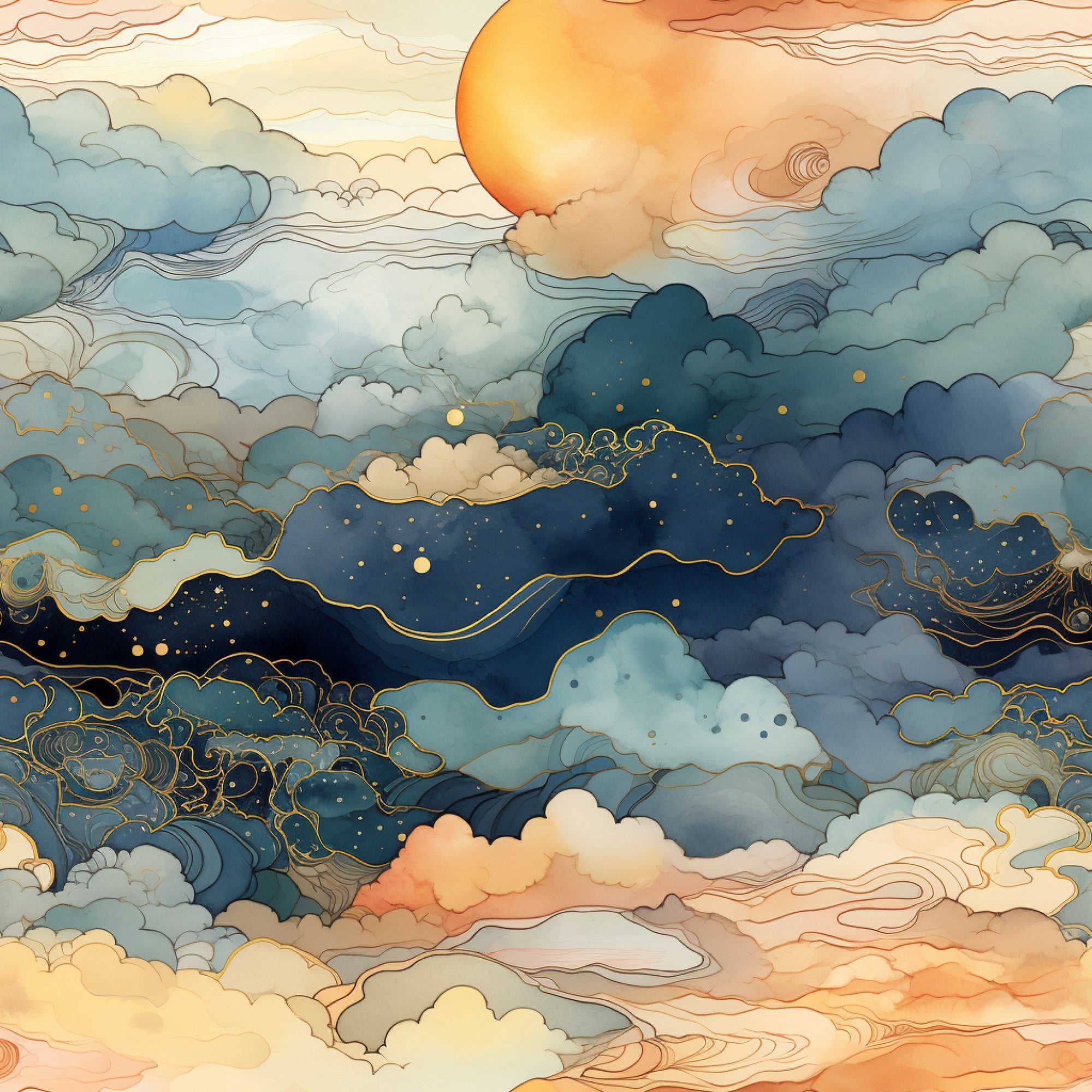 sunset, orange, peach, coral, navy blue, teal, gold accents, clouds, sky, celestial, stars, sun, flowing lines, watercolor style, dreamy, serene,, fabric panel, evening sky, atmospheric, layered clouds, golden details