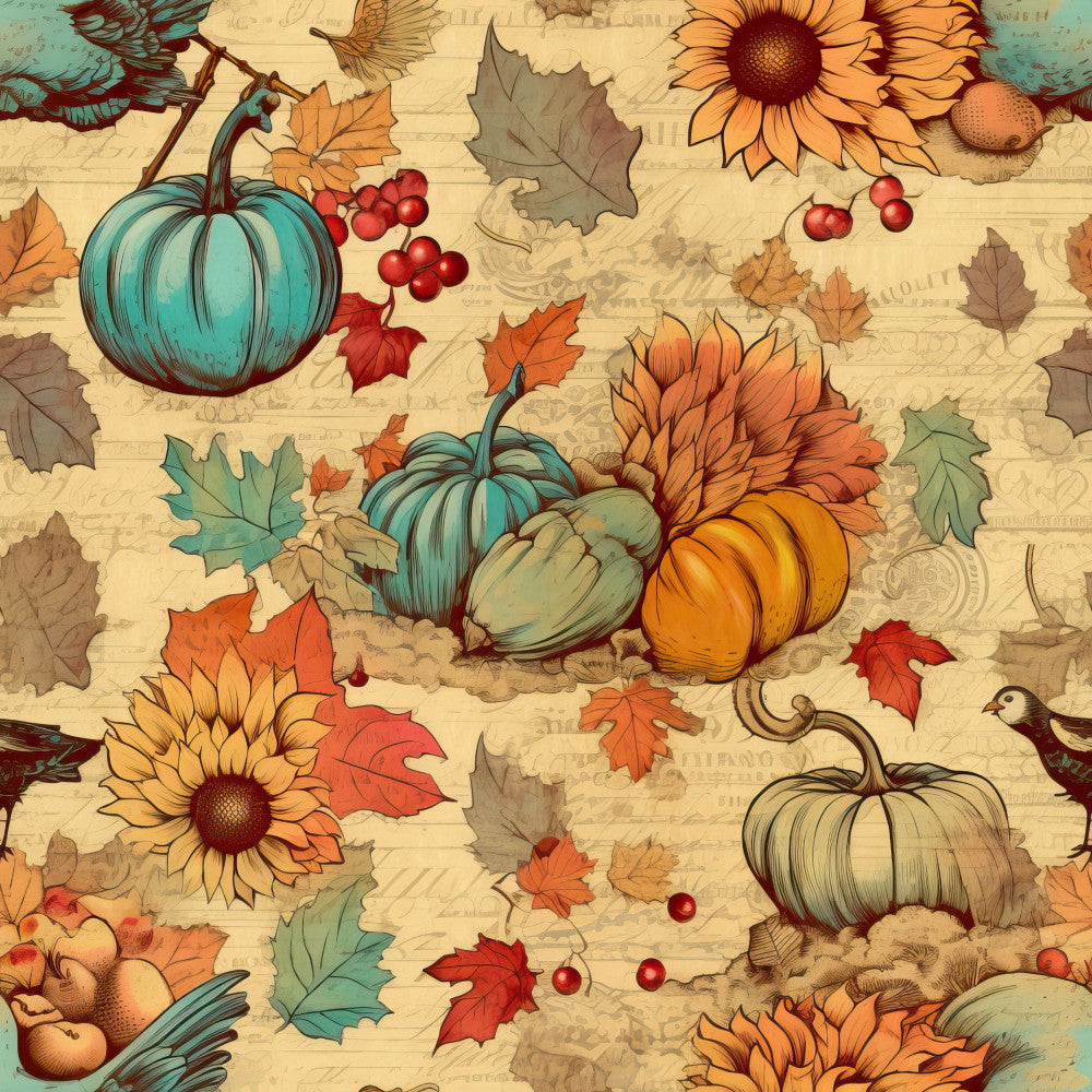 autumn harvest, fall theme, sunflower, pumpkin, turquoise pumpkin, cream background, rust orange, golden yellow, sage green, burnt orange, vintage style, rustic farmhouse, botanical, nature theme, leaves, maple leaves, berries, red berries, whimsical, traditional, harvest season, thanksgiving, fall decor, seasonal, floral pattern, botanical illustration, birds, cozy, warm tones, cottage core
