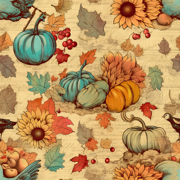 autumn harvest, fall theme, sunflower, pumpkin, turquoise pumpkin, cream background, rust orange, golden yellow, sage green, burnt orange, vintage style, rustic farmhouse, botanical, nature theme, leaves, maple leaves, berries, red berries, whimsical, traditional, harvest season, thanksgiving, fall decor, seasonal, floral pattern, botanical illustration, birds, cozy, warm tones, cottage core
