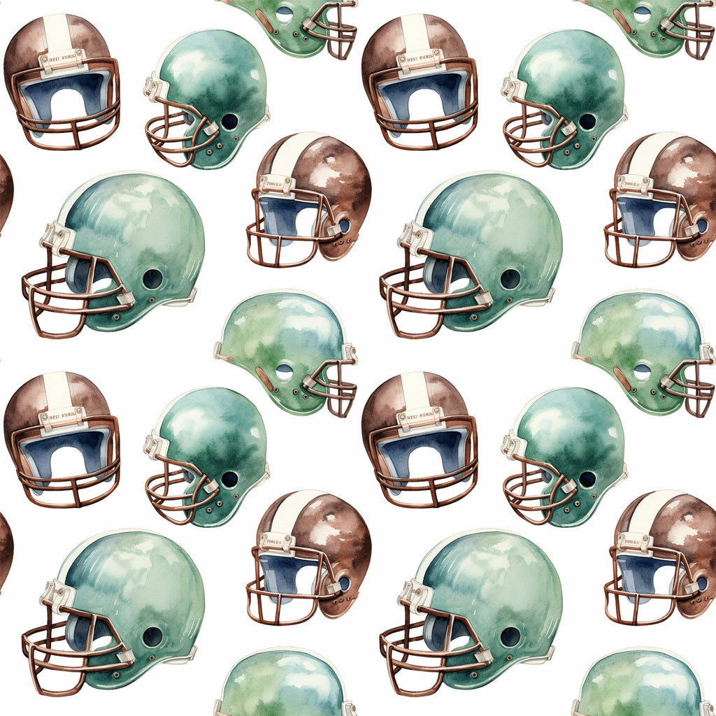 watercolor, football helmets, green helmets, brown helmets, sports pattern, athletic theme, repeating pattern,, fabric panel, vintage style, muted colors, sage green, chocolate brown, cream white, football gear, sports equipment, masculine design, boy's fabric, team colors, nostalgic mood