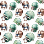 watercolor, football helmets, green helmets, brown helmets, sports pattern, athletic theme, repeating pattern,, fabric panel, vintage style, muted colors, sage green, chocolate brown, cream white, football gear, sports equipment, masculine design, boy's fabric, team colors, nostalgic mood