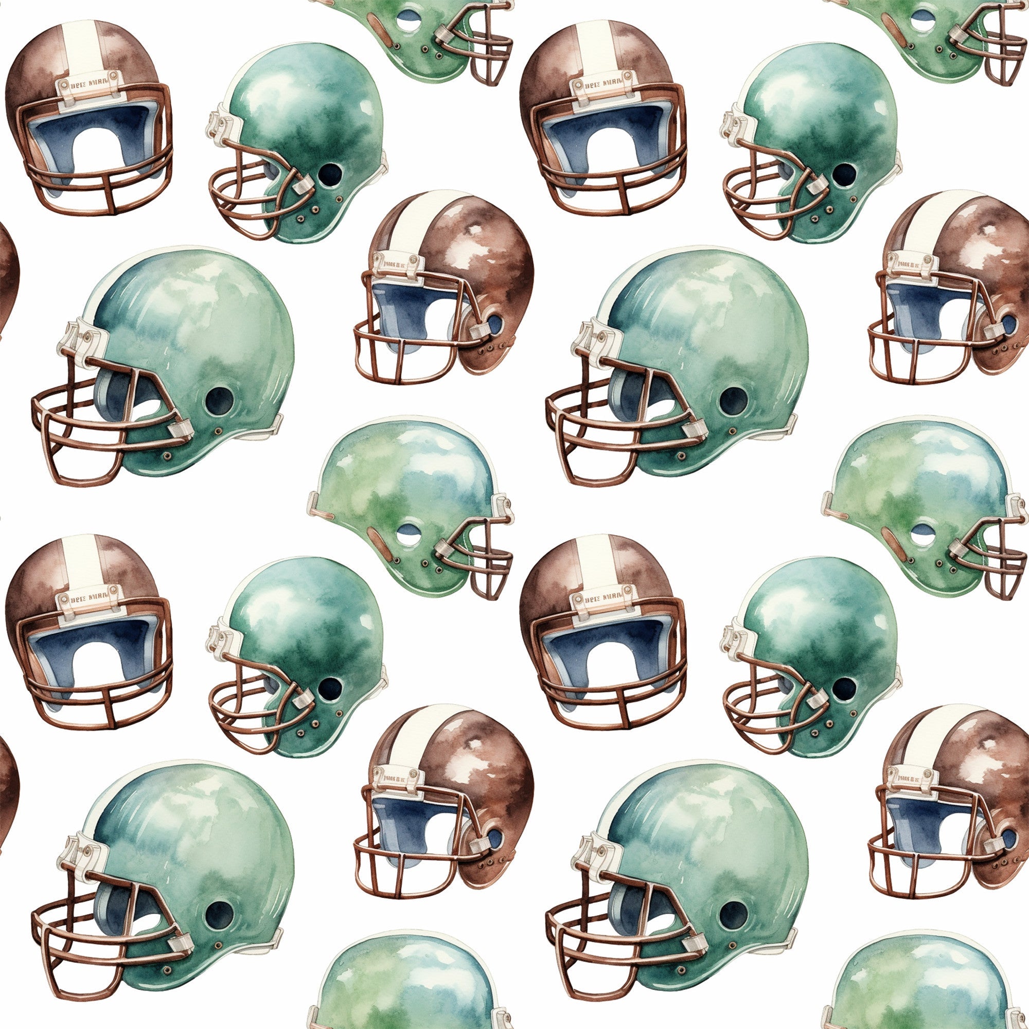 watercolor, football helmets, green helmets, brown helmets, sports pattern, athletic theme, repeating pattern,, fabric panel, vintage style, muted colors, sage green, chocolate brown, cream white, football gear, sports equipment, masculine design, boy's fabric, team colors, nostalgic mood