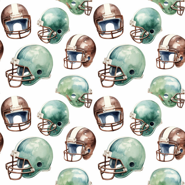 watercolor, football helmets, green helmets, brown helmets, sports pattern, athletic theme, repeating pattern,, fabric panel, vintage style, muted colors, sage green, chocolate brown, cream white, football gear, sports equipment, masculine design, boy's fabric, team colors, nostalgic mood