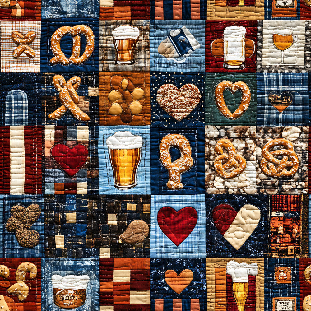 bavarian, beer, pretzel, heart, gingerbread, plaid, checkered, red, navy blue, orange, cream, quilted, beer mug, pretzel motif, heart motif, gingerbread man, oktoberfest, german, rustic, traditional, cozy, autumn, fall, festive, patchwork, country, farmhouse, folk art, food themed, kitchen decor