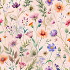 wildflowers, botanical pattern, peach background, purple flowers, orange blooms, blue blossoms, pink petals, green foliage, delicate stems, watercolor style, meadow flowers, nature motif,, fabric panel, whimsical florals, spring garden, soft pastels, scattered blooms, field flowers, artistic botanicals