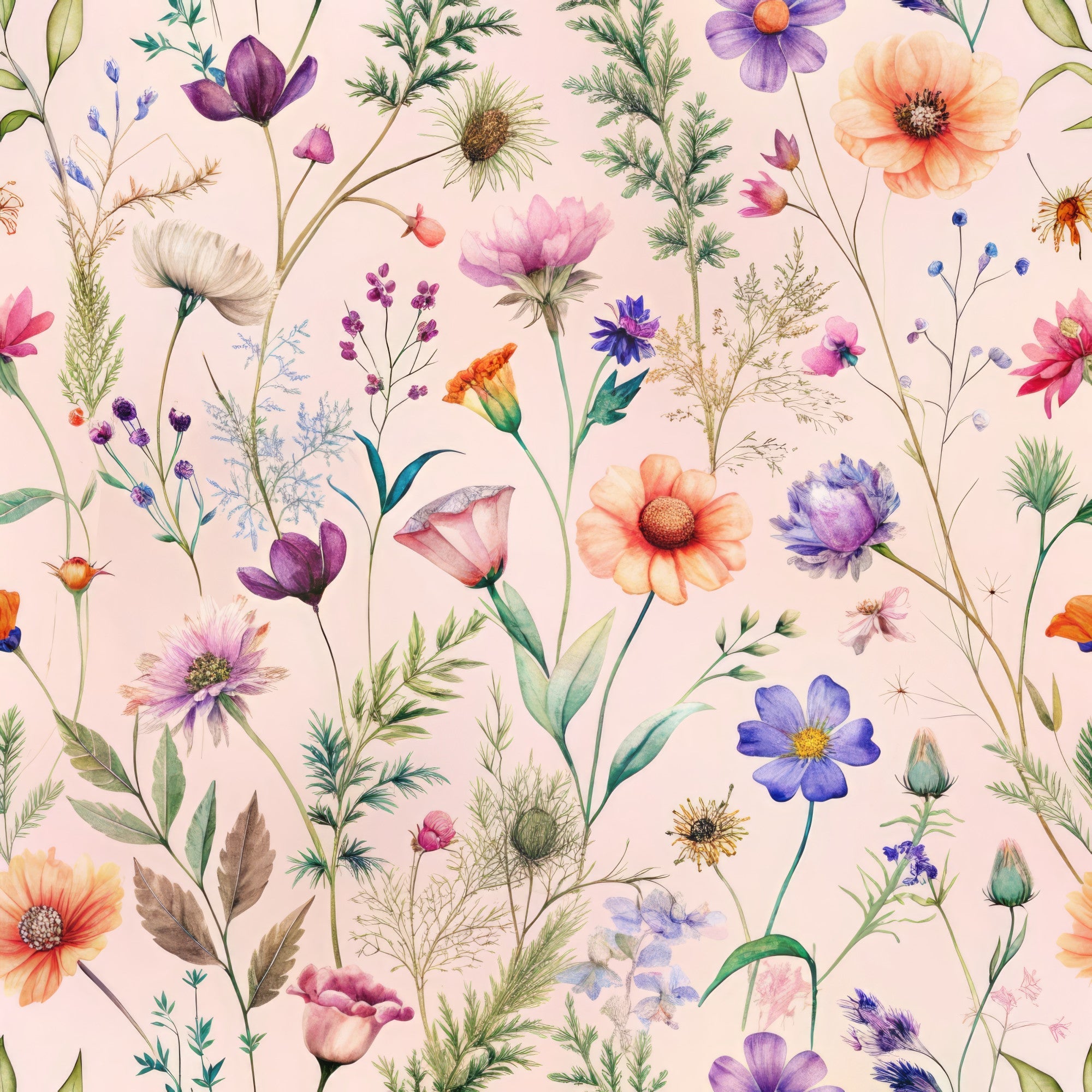 wildflowers, botanical pattern, peach background, purple flowers, orange blooms, blue blossoms, pink petals, green foliage, delicate stems, watercolor style, meadow flowers, nature motif,, fabric panel, whimsical florals, spring garden, soft pastels, scattered blooms, field flowers, artistic botanicals