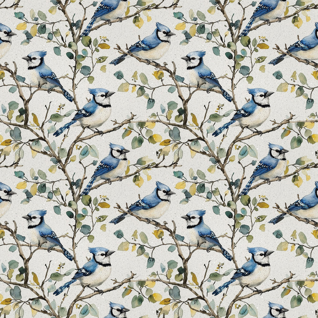 blue jay, birds, branches, leaves, floral pattern, repeating design, nature motif, watercolor style, cream background, teal blue, sage green, yellow accents, brown branches,, fabric panel, botanical design, perched birds, woodland theme, soft colors, artistic illustration
