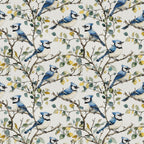 blue jay, birds, branches, leaves, floral pattern, repeating design, nature motif, watercolor style, cream background, teal blue, sage green, yellow accents, brown branches,, fabric panel, botanical design, perched birds, woodland theme, soft colors, artistic illustration