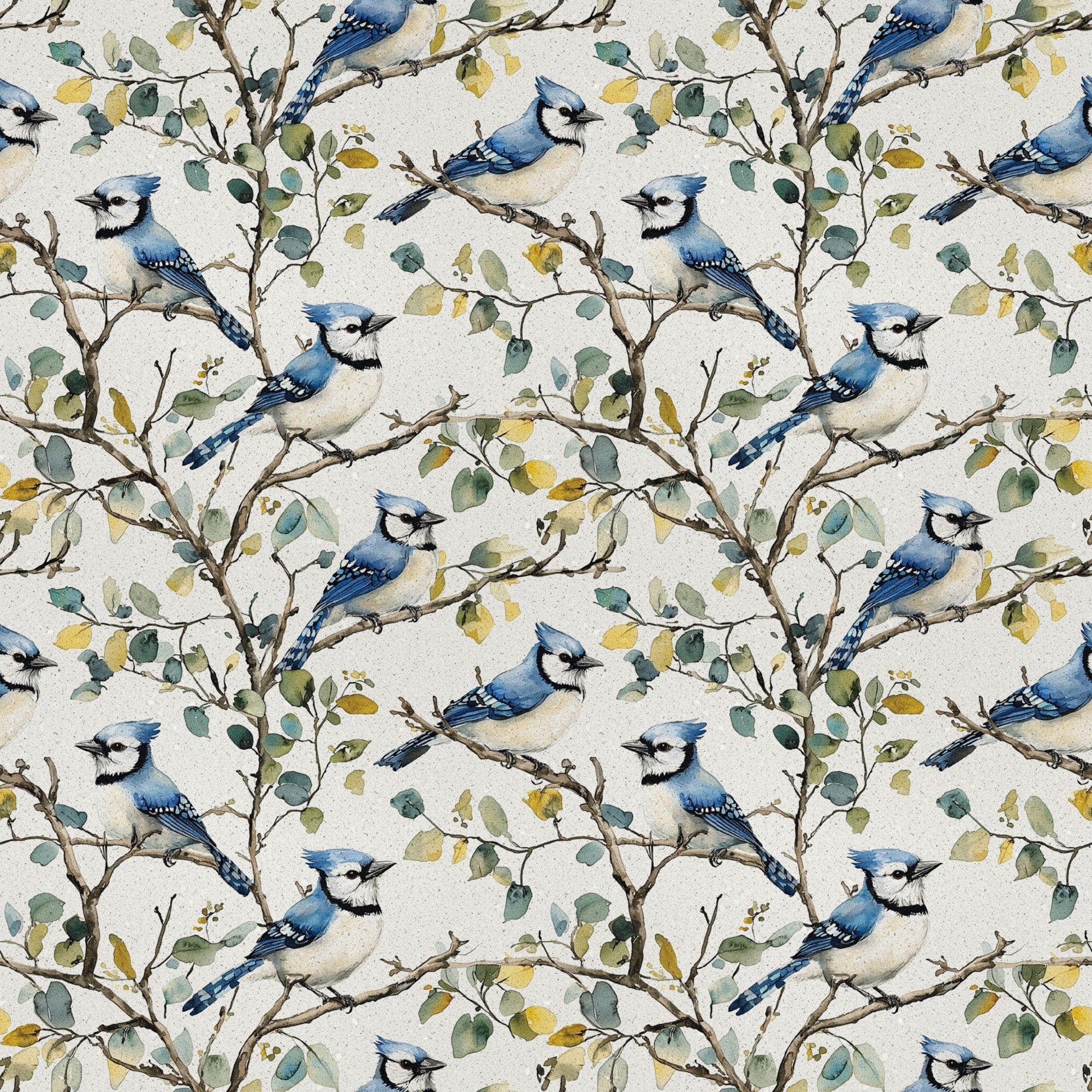 blue jay, birds, branches, leaves, floral pattern, repeating design, nature motif, watercolor style, cream background, teal blue, sage green, yellow accents, brown branches,, fabric panel, botanical design, perched birds, woodland theme, soft colors, artistic illustration