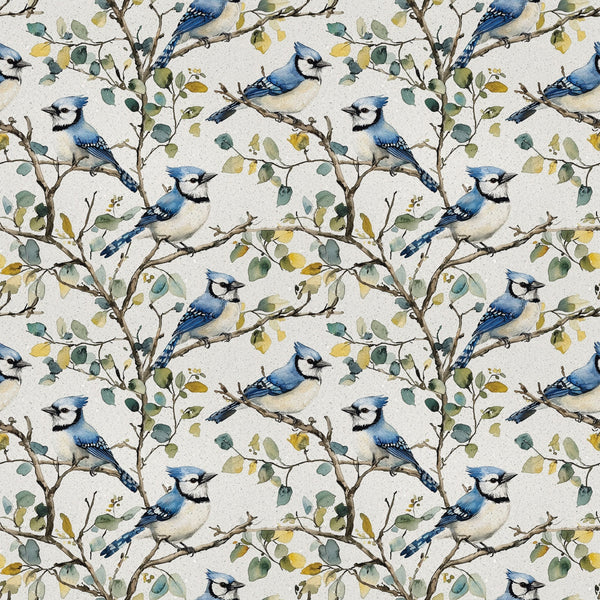 blue jay, birds, branches, leaves, floral pattern, repeating design, nature motif, watercolor style, cream background, teal blue, sage green, yellow accents, brown branches,, fabric panel, botanical design, perched birds, woodland theme, soft colors, artistic illustration