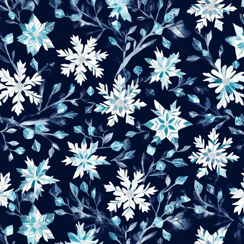 navy blue, white, light blue, turquoise, icy blue, snowflake, winter floral, crystalline flowers, frozen flowers, botanical, nature, winter, christmas, holiday, elegant, whimsical, modern, delicate, frost, ice crystal, frosted leaves, branch pattern, leafy, festive, winter wonderland, cold weather, snowy, seasonal, timeless
