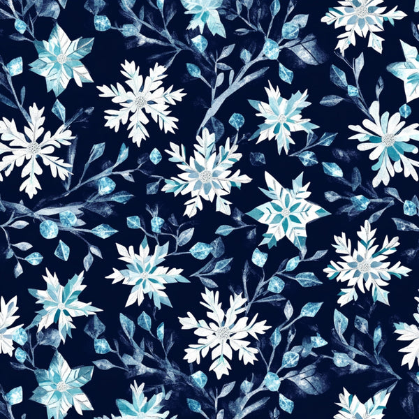 navy blue, white, light blue, turquoise, icy blue, snowflake, winter floral, crystalline flowers, frozen flowers, botanical, nature, winter, christmas, holiday, elegant, whimsical, modern, delicate, frost, ice crystal, frosted leaves, branch pattern, leafy, festive, winter wonderland, cold weather, snowy, seasonal, timeless