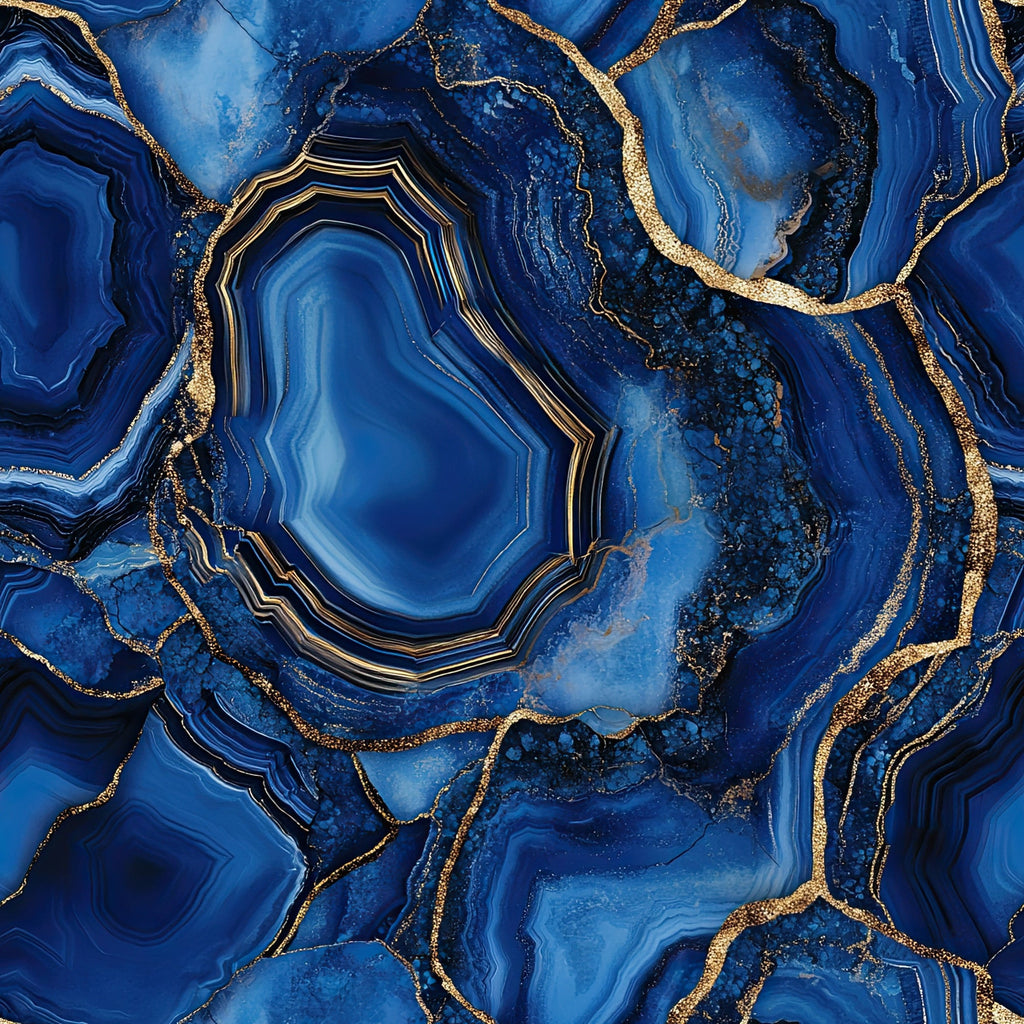 royal blue, deep blue, navy blue, gold, golden, metallic accents, agate pattern, geode design, marbled texture, swirled patterns, concentric circles, organic shapes, mineral formations, luxurious, elegant, sophisticated,, fabric panel, gemstone inspired, flowing lines