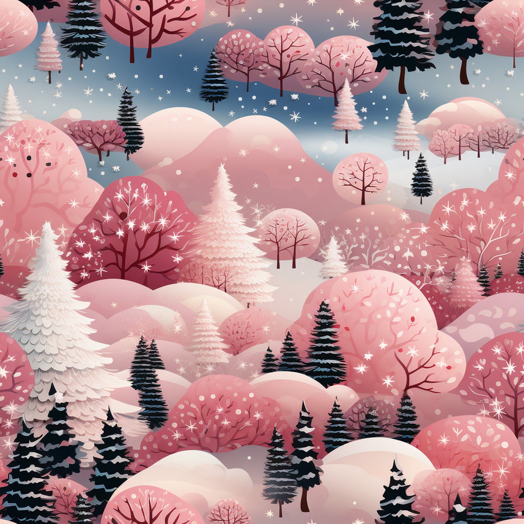 christmas fabric, winter wonderland,, fabric panel, pink palette, blush tones, evergreen trees, snowy landscape, rolling hills, snowflakes, whimsical illustration, deciduous trees, winter scene, seasonal motif, soft pastels, dusty rose, sage green, stylized trees, repeating pattern, cotton fabric