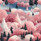 christmas fabric, winter wonderland,, fabric panel, pink palette, blush tones, evergreen trees, snowy landscape, rolling hills, snowflakes, whimsical illustration, deciduous trees, winter scene, seasonal motif, soft pastels, dusty rose, sage green, stylized trees, repeating pattern, cotton fabric