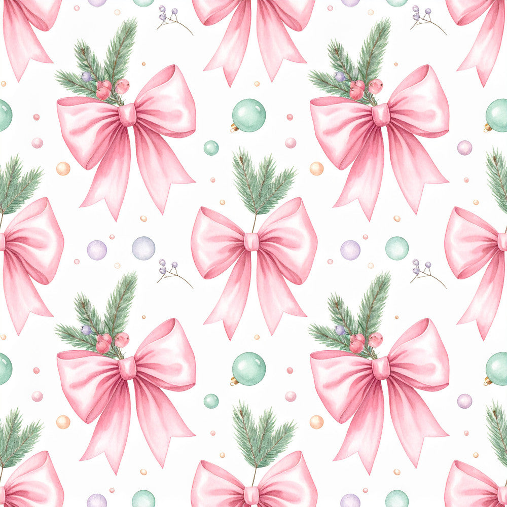 rose pink, blush pink, sage green, mint green, soft purple, pastel colors, floral pattern, holiday, christmas, festive, bows, ribbons, evergreen branches, baubles, ornaments, elegant, whimsical, feminine, seasonal, winter, celebration, decorative, botanical elements, nature-inspired, gift wrapping aesthetic, delicate, watercolor style, romantic, soft colors, nursery