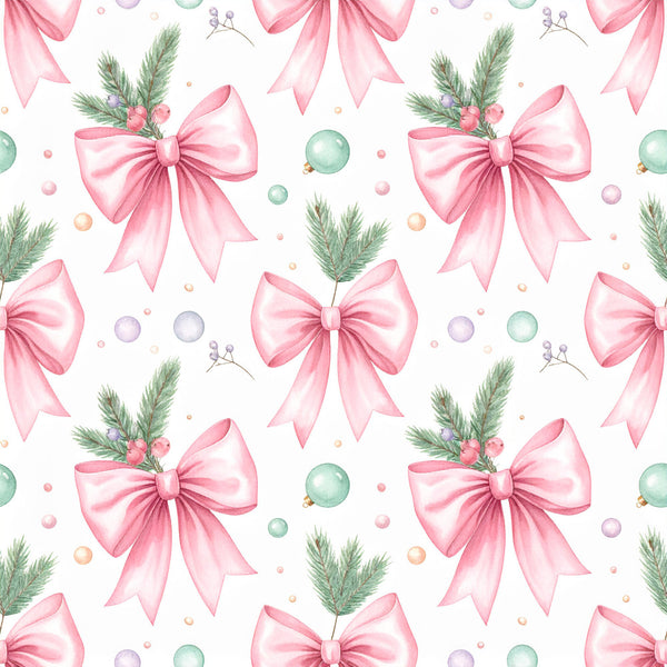 rose pink, blush pink, sage green, mint green, soft purple, pastel colors, floral pattern, holiday, christmas, festive, bows, ribbons, evergreen branches, baubles, ornaments, elegant, whimsical, feminine, seasonal, winter, celebration, decorative, botanical elements, nature-inspired, gift wrapping aesthetic, delicate, watercolor style, romantic, soft colors, nursery