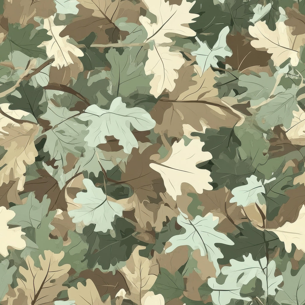 hunting camouflage, realistic leaves, oak leaves, sage green, forest green, tan, beige, cream, brown, muted earth tones, woodland pattern, autumn foliage, overlapping leaves, nature motif,, fabric panel, outdoor theme, hunting decor, leaf silhouettes, camouflage design