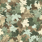 hunting camouflage, realistic leaves, oak leaves, sage green, forest green, tan, beige, cream, brown, muted earth tones, woodland pattern, autumn foliage, overlapping leaves, nature motif,, fabric panel, outdoor theme, hunting decor, leaf silhouettes, camouflage design