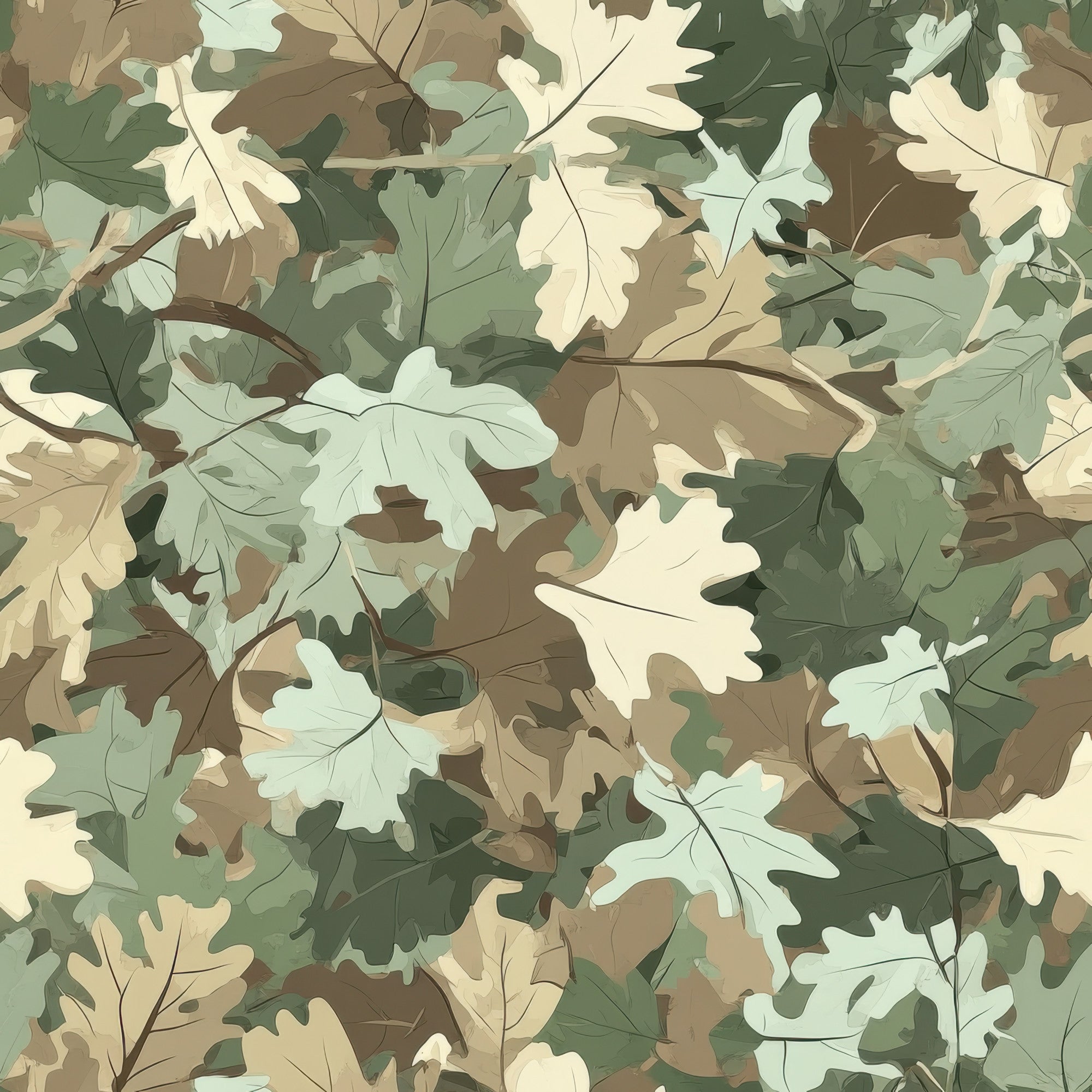 hunting camouflage, realistic leaves, oak leaves, sage green, forest green, tan, beige, cream, brown, muted earth tones, woodland pattern, autumn foliage, overlapping leaves, nature motif,, fabric panel, outdoor theme, hunting decor, leaf silhouettes, camouflage design