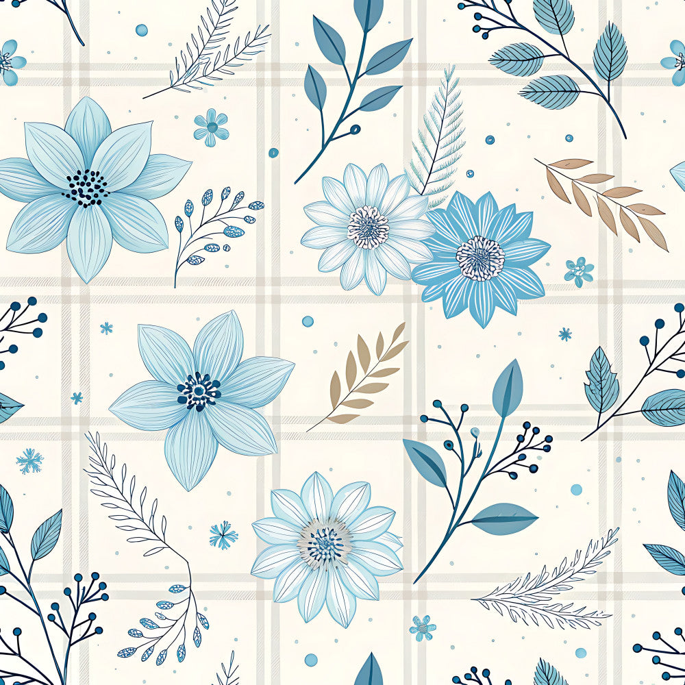 light blue, dusty blue, slate blue, navy blue, teal, tan, beige, cream, white, floral, botanical, flowers, daisies, leaves, ferns, branches, berries, nature, spring, modern, whimsical, elegant, delicate, feminine, garden, botanical print, soft, peaceful, calming, nursery