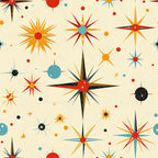 retro starburst, mid-century modern, atomic age, orange, red, teal blue, black, cream background, geometric stars, radiating points, space age, vintage style,, fabric panel, scattered dots, celestial motifs, 1950s inspired, sunburst design, modernist pattern, crafting fabric