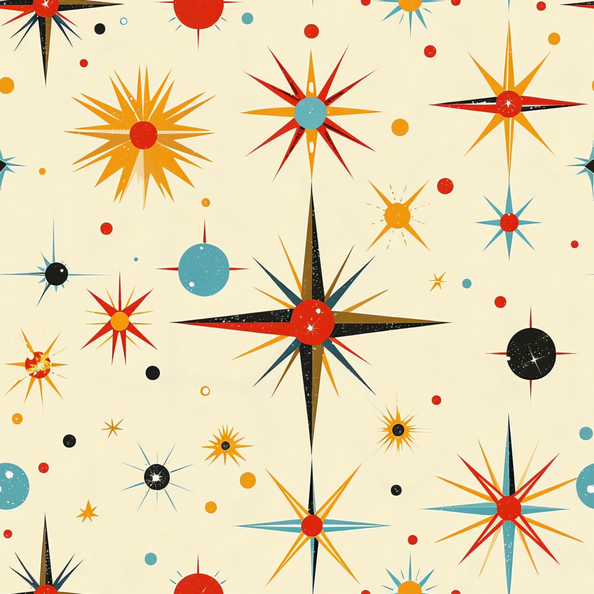 retro starburst, mid-century modern, atomic age, orange, red, teal blue, black, cream background, geometric stars, radiating points, space age, vintage style,, fabric panel, scattered dots, celestial motifs, 1950s inspired, sunburst design, modernist pattern, crafting fabric