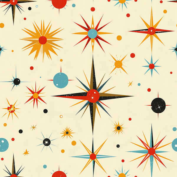 retro starburst, mid-century modern, atomic age, orange, red, teal blue, black, cream background, geometric stars, radiating points, space age, vintage style,, fabric panel, scattered dots, celestial motifs, 1950s inspired, sunburst design, modernist pattern, crafting fabric