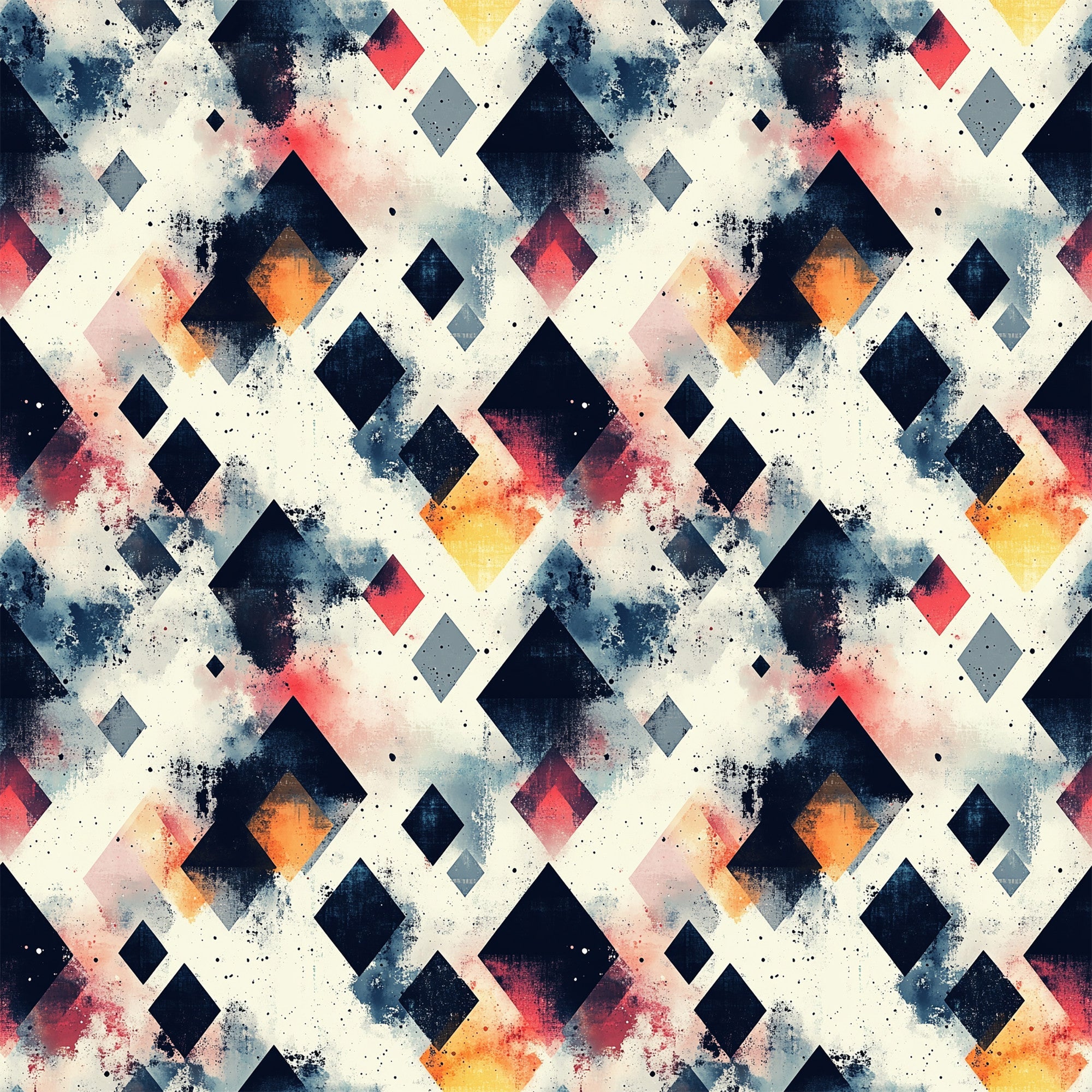 mid century modern, geometric pattern, diamond shapes, navy blue, coral pink, orange, yellow, gray, watercolor effect, abstract design, distressed texture,, fabric panel, retro style, vintage inspired, scattered diamonds, painterly finish, modern geometric, artistic pattern