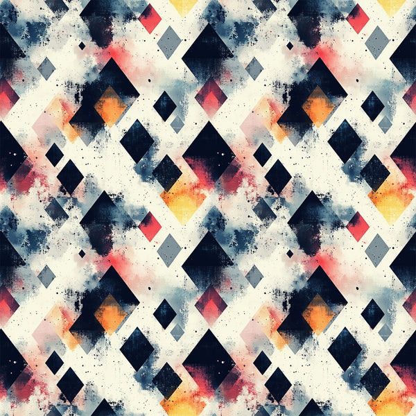 mid century modern, geometric pattern, diamond shapes, navy blue, coral pink, orange, yellow, gray, watercolor effect, abstract design, distressed texture,, fabric panel, retro style, vintage inspired, scattered diamonds, painterly finish, modern geometric, artistic pattern