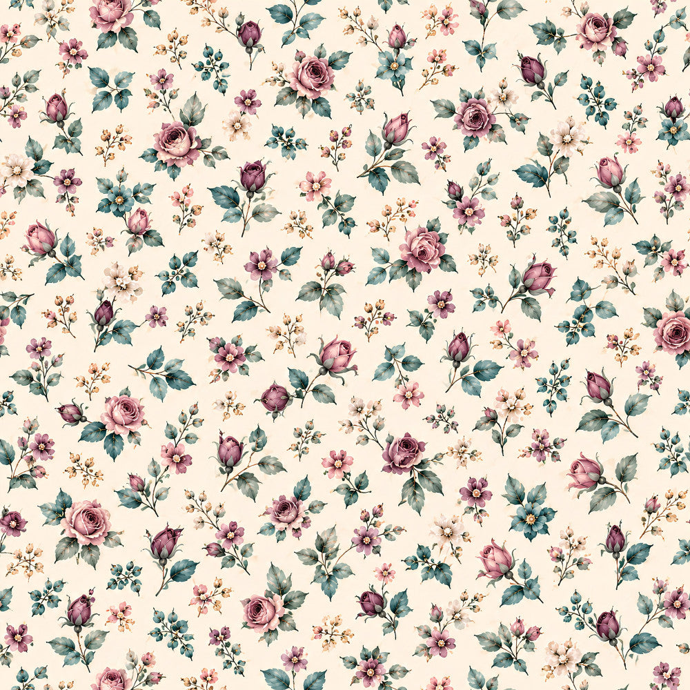 dusty rose, mauve, burgundy, cream, ivory, sage green, teal, blush pink, vintage floral, botanical, cottage core, romantic, elegant, traditional, spring, garden, roses, small florals, wildflowers, leaves, nature-inspired, classic, timeless, vintage aesthetic, pastel, delicate, ditsy floral, liberty print style, heirloom, feminine