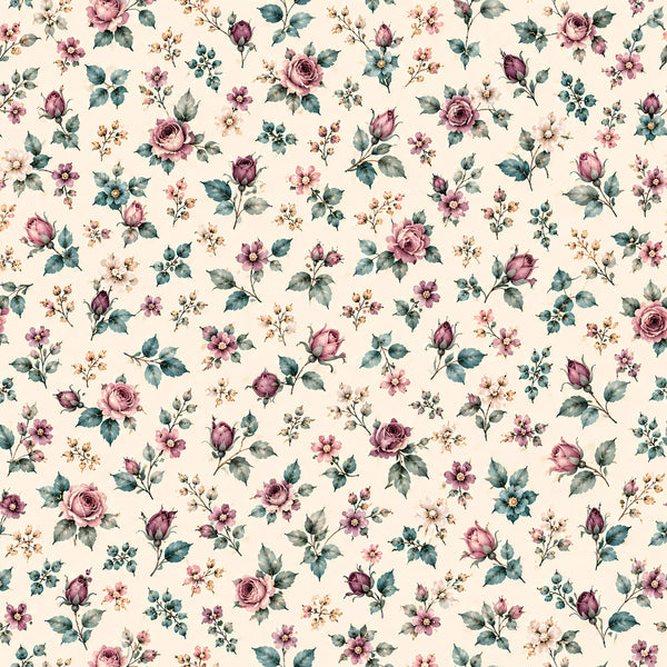 dusty rose, mauve, burgundy, cream, ivory, sage green, teal, blush pink, vintage floral, botanical, cottage core, romantic, elegant, traditional, spring, garden, roses, small florals, wildflowers, leaves, nature-inspired, classic, timeless, vintage aesthetic, pastel, delicate, ditsy floral, liberty print style, heirloom, feminine