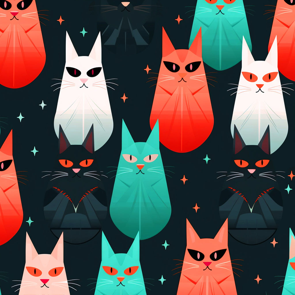 geometric cats, suspicious felines, coral orange, turquoise teal, white cats, black cats, dark navy background, colorful stars, angular design, modern illustration,, fabric panel, contemporary art style, stylized animals, mysterious mood, vibrant colors, repeating pattern, crafting material, sewing fabric, sleek cat silhouettes