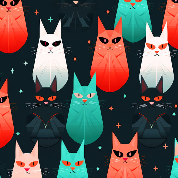 geometric cats, suspicious felines, coral orange, turquoise teal, white cats, black cats, dark navy background, colorful stars, angular design, modern illustration,, fabric panel, contemporary art style, stylized animals, mysterious mood, vibrant colors, repeating pattern, crafting material, sewing fabric, sleek cat silhouettes