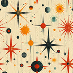 retro starburst, mid-century modern, atomic age, geometric shapes, orange, red, teal, cream, beige, black, star patterns, celestial motifs, sunburst designs, circles, dots, vintage style,, fabric panel, space age, modernist design